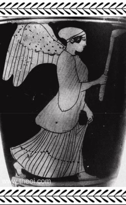  Ancient pottery design in black and white, the image depicting the torch-bearing Ananke 