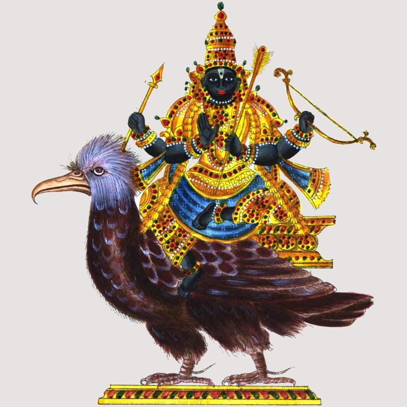 Four-armed Shani resplendant in gold sits upon a giant eggle