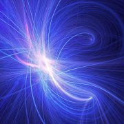 image representing publications: a feather made of lightbeams floating in a radiant swirl of blue streaks
